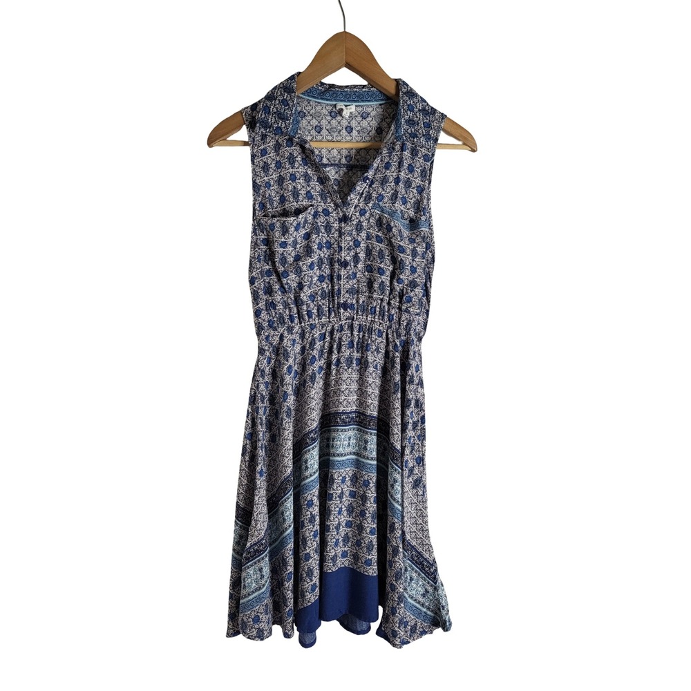 En Creme Blue Boho Medallion Sleeveless Button Front Dress Country-Western